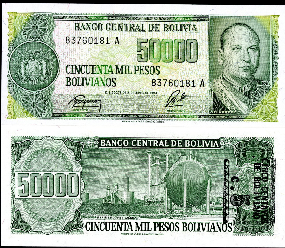 5c o/p on 50,000 pesos bolivianos  (90) UNC Banknote