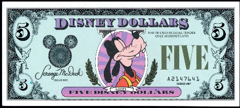 5 Disney dollars  (85) AU-UNC Banknote