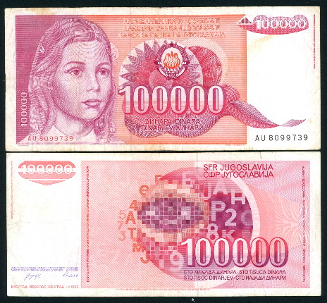 100,000 dinara  (60) VF Banknote